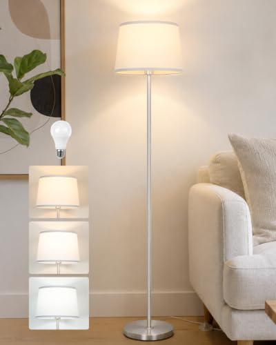 JUNNAI Floor Lamp for Living Room, Standing Lamp, 3-Color Temperatures Floor Lamp for Bedroom, Tall Lamp with Shade for Office, 9W LED Bulb Included (Silver+White Shade) - color: Silver+White Shade