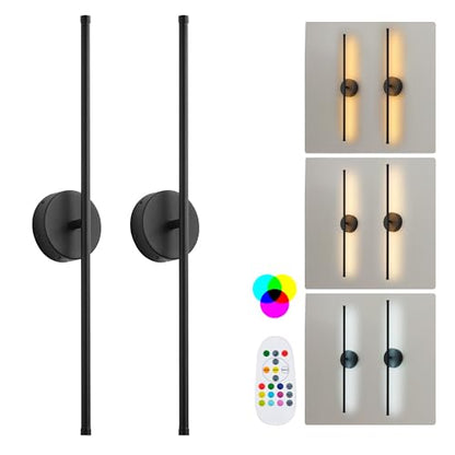 KARTOOSH Battery Operated Wall Sconces Set of Two Wireless Wall Lights - color: Black (RGB Colors), size: 28.3 Inches