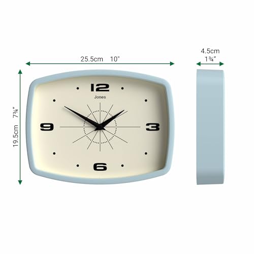 JONES CLOCKS® Movie wall Clock | Rectangular Retro Clock | 10" | Pale Blue - color: Clear Blue