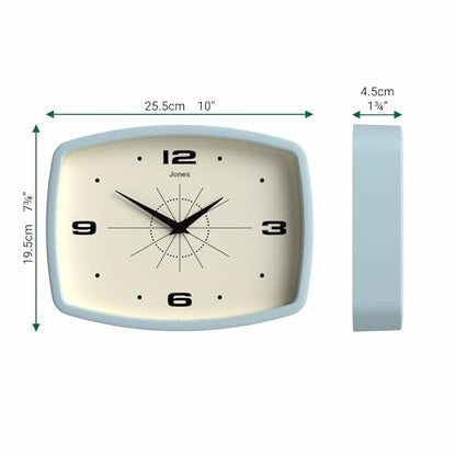JONES CLOCKS® Movie wall Clock | Rectangular Retro Clock | 10" | Pale Blue - color: Clear Blue
