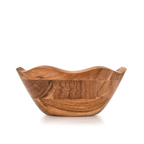 Fruit Bowl Acacia Wood Ruffle Decorative Style Home Decor for Dining Table Fits Bread, Fruits, Salad or Popcorn (9" x 9" x 4")