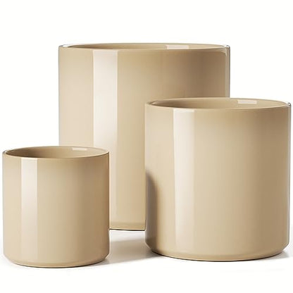 LE TAUCI 10+8+6 Inch Ceramic Pots for Plants, Indoor Planters with Drainage Hole and Plug, Modern Cylinder Flower Pots Set of 3 for Living Room and Bedroom, Glossy, Sand Beige - color: Sand Beige