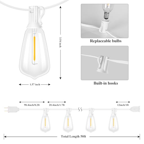 Brightever 50FT LED String Lights 27 Bulbs Outdoor Waterproof Dimmable - color: White Wire Warm White, size: 50FT