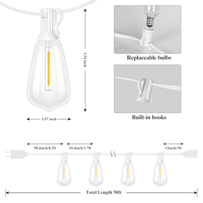Brightever 50FT LED String Lights 27 Bulbs Outdoor Waterproof Dimmable - color: White Wire Warm White, size: 50FT