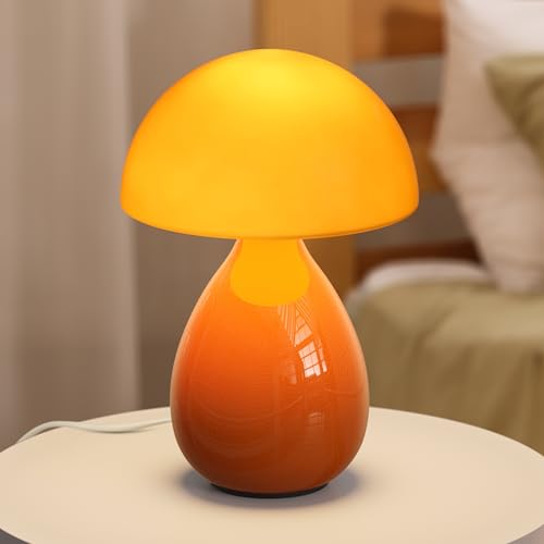 Mushroom Lamp Table Lamp, Mini Modern Lamp Bedside Nightstand Light Desk Cute Small Light Dimmable for Bedroom, Living Room, Ceramic Base Glass Led Home Decor for Woman Children Gifts - color: Orange