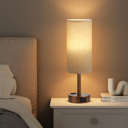 Fenmzee Brown Bedside Lamp for Bedroom, Dimmable Touch, USB A+C, AC Outlet - color: Beige - Brown, size: 14"