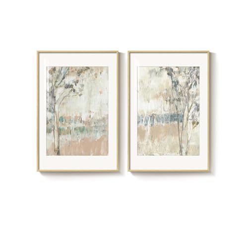 Framed Neutral Abstract Landscape Tree Wall Art for Living Room, Set of 2 - color: Neutral Blush Blue, size: 20" W x 30" H x 2Pcs