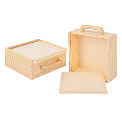 2 PCS Wood Boxes for Crafts, 8.86 x 8.86 x 3.35 Inch Wooden Box with Sliding Lid, Unfinished Wood Box with Handle for Party, DIY, Birthday - size: 2 Pack 8.86 x 8.86 x 3.35 inch
