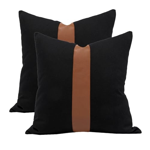 Set of 2 Black Decorative Throw Pillow Cover 20x20 Square Cushion Covers Farmhouse Rustic Pillow Case Modern Leather Pillow Cover for Sofa Couch Chair Bedroom Boho Decor - color: Black & Brown, size: 20" x 20" (Pack of 2)