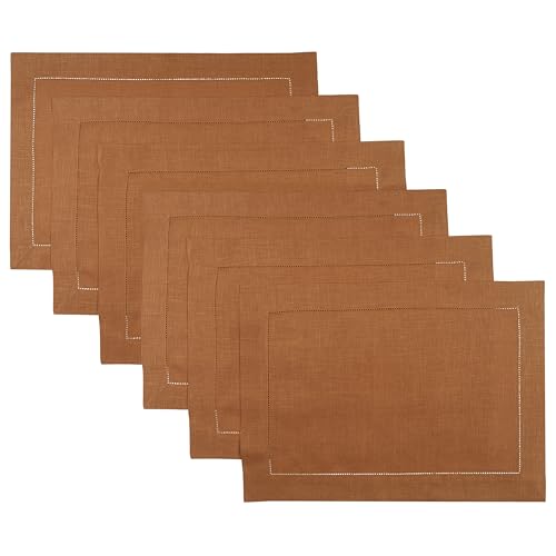 Signature Linen™ by D'Moksha, Rust Placemats Set of 6, 14 x 19 Inch, 100% Pure Linen Table Mats, Hemstitch, Machine Washable Cloth Placemats- Fall, Weddings, Outdoor Hosting - color: Rust, size: Set of 6 (14 X 19 Inch)