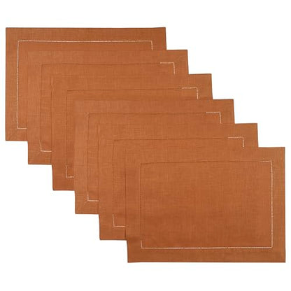 Signature Linen™ by D'Moksha, Rust Placemats Set of 6, 14 x 19 Inch, 100% Pure Linen Table Mats, Hemstitch, Machine Washable Cloth Placemats- Fall, Weddings, Outdoor Hosting - color: Rust, size: Set of 6 (14 X 19 Inch)