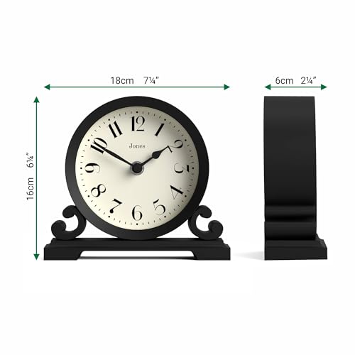 JONES CLOCKS® Saloon Mantel Clock | Small Traditional Double Scroll Design | Black | Contemporary Classic Style for Desk, Table, Shelf or Bedside - color: Black