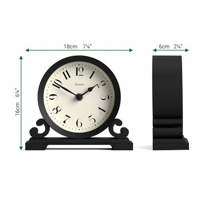 JONES CLOCKS® Saloon Mantel Clock | Small Traditional Double Scroll Design | Black | Contemporary Classic Style for Desk, Table, Shelf or Bedside - color: Black