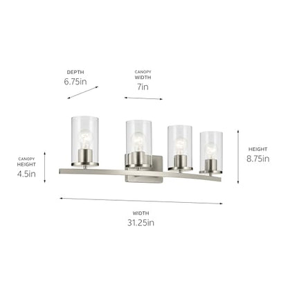 Kichler Crosby 4-Light Bathroom Vanity Light, Brushed Nickel - color: Brushed Nickel, size: 4 Light, style: Clear Glass