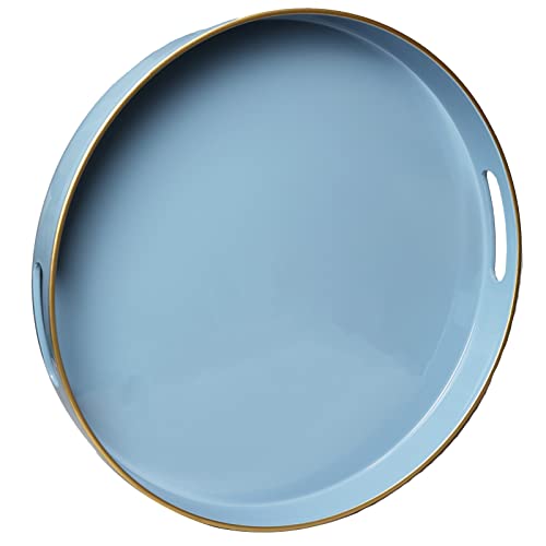 Spsyrine 13 Inch Dusty Blue Round Plastic Serving Tray with Handles - color: Pure Blue