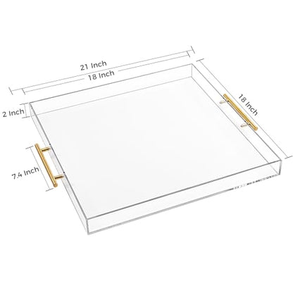 Extra Large Clear Acrylic Serving Tray (18×18 Inches) with Gold Handles Spill Proof Acrylic Over Size Big Decorative Tray Organiser for Ottoman Coffee Table Countertop - size: 18x18 Inches