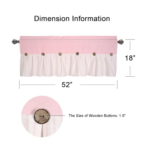 DOSLY Ides Farmhouse Rustic Pink Cotton Blend Valance Curtain, Striped Pleated Design with Coconut Buttons, Multi-Room Window Treatment for Kitchen, Living Room, Bedroom, 52" W x 18" L - color: Pink& Pink Stripe, size: 52"W x 18"L (Pack of 1)