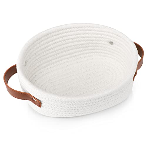 ABenkle Small Woven Basket, Mini Cotton Rope Storage Basket, Tiny White Easter Basket, Oval Decorative Toy Dog Cat Basket for Nursery, Empty Gift Baskets, 9.4" x 5.9" x 3.9" XS - color: White