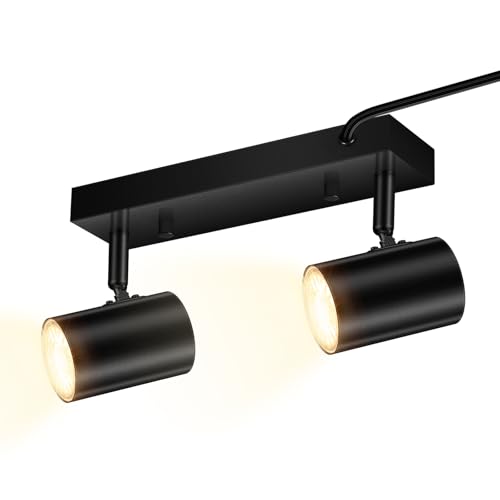 AUQUEE 2 Light Track Lighting Kit,Black 2 Way Modern Plug in Ceiling Spotlight,Industrial LED Wall Light for Kitchen Cabinet Gallery Bar Hallway Living Room,Rocker Switch,15 Foot Cord(No Bulb) - color: 2 Light-Black