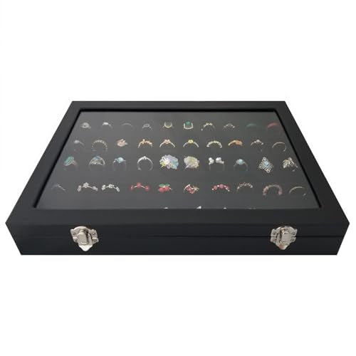 Women Ring Storage Box with 100 Slots & Clear Glass Lid - color: Black-100 rings