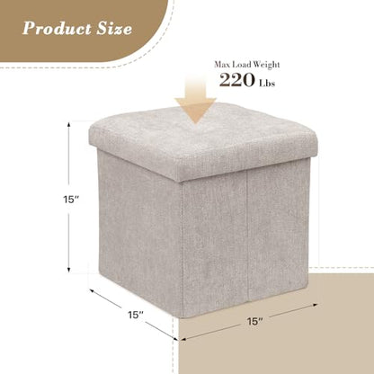 Athena Collection 15" Storage Ottoman Bench Folding Bench with 40L Hidden Storage, Small Cube Ottoman Linen Foot Rest Stool Chest with Flipping Lid for Living Room, Bedroom, Entryway, Sandy Beige - color: Sandy Beige, style: 15" Linen