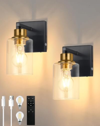Wireless Battery Operated Wall Sconce Set of Two with Remote Control | Black & Gold Dimmable Rechargeable Wall Lights with Timer, Easy Install Glass Lamp for Living Room Bedroom, Emergency 3000K - color: Black Gold(Clear Lampshades)