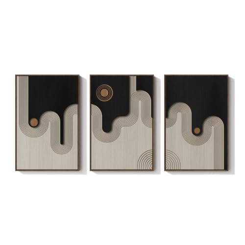 Framed 3D Wood Abstract Geometric Textured Wall Decor Living Room, 24x36 In - color: Black Beige
