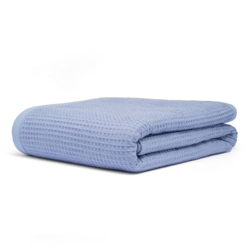 GOTS Certified Organic Cotton Waffle Weave Blanket, Queen Bed Size, 90"X90"Cozy Throw Blanket for Couch, Modern Home Decor, Throw Blankets, Waffle Blanket, Soft Bed Blankets - Powder Blue - color: Waffle -Powdered Blue, size: Queen (U.S. Standard)