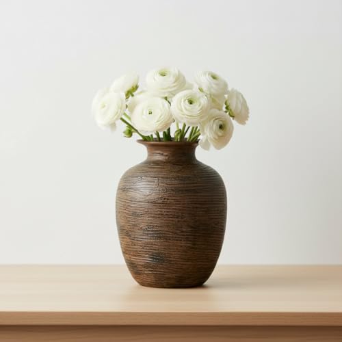 Rustic Ceramic Vase for Flower, Dark Brown Farmhouse Vases Home Decor, 7 inch Terra-Cotta Decorative Vases for Nightstand, Bookshelf, Office Desk, Kitchen Table Decor - color: Dark Brown