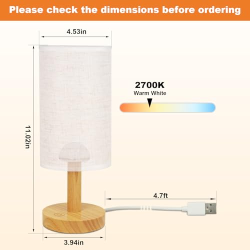 Touch Bedside Table Lamp with Stepless Dimming, USB Powered