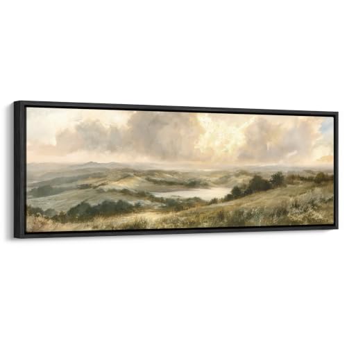 wall26 Large Framed Wall Art Canvas Print - Muted Vintage Rolling Hills Valley Landscape - Contemporary Artwork for Living Room Bedroom Office - 60"x20" Black - color: A07-2607-YUK18, size: 60"L x 20"W, style: Black Frame