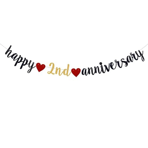 Happy 2nd Anniversary Party Banner, Black Glitter 2 Years Anniversary Garland, Wedding Banner Party Decorations (Pre-Strung)