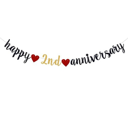 Happy 2nd Anniversary Party Banner, Black Glitter 2 Years Anniversary Garland, Wedding Banner Party Decorations (Pre-Strung)