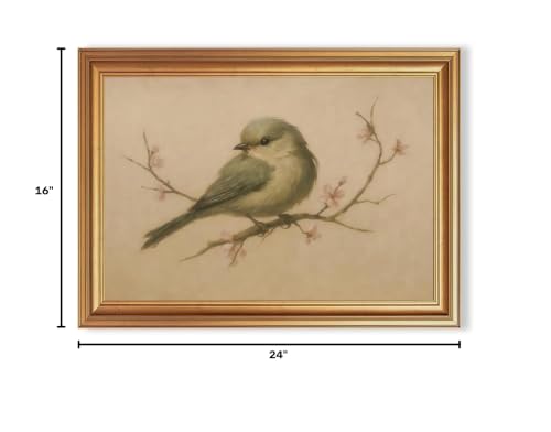 EJPFOGV Serene Bird on Branch Pink Floral Framed Canvas Wall Art 16x24 inch - color: Bird, size: 24"L x 16"W