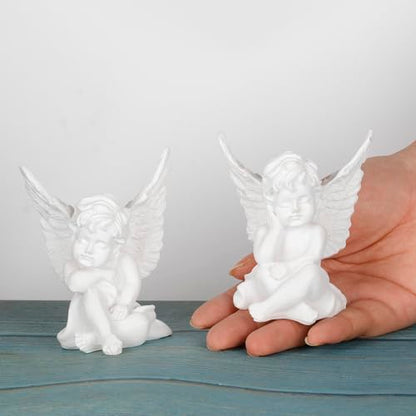 Set of 3 Grey Resin Small Elephant Statues and Set of 2 Cherub Angels Statue Figurine
