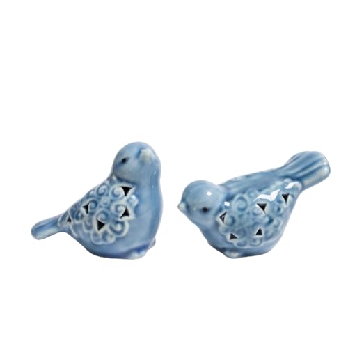 Blue Bird Figurines for Home Decor, 2 Piece Farmhouse Ceramic Bird Statue Sculpture Birds Ornaments for Entryway TV Stand Bookcase, Cute Birds Small Shelf Desk Decor (Blue)