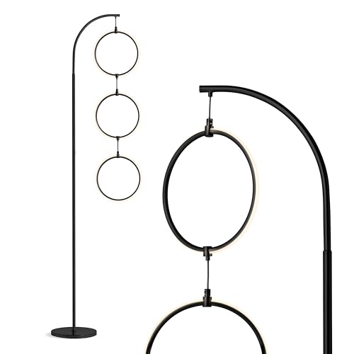 Brightech 3-Ring Modern Floor Lamp Matches Living Room Décor - Contemporary Arc Tall Lamp with 3-Circle Ring-Style Pendant - Over The Couch Standing on Arching Pole - Eclectic- Black - color: Black