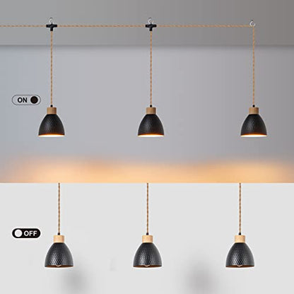 3-Light Plug in Pendant Light 22FT Industrial Hanging Lamp with Twisted Hemp Rope Independent Triple Switch Hanging Light Chandelier for Dining Room Kitchen, Black Finish - color: A 3 Lights