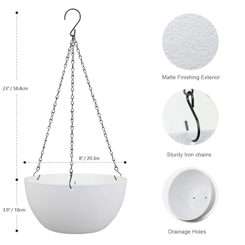 Meowell 8 inch Small Hanging Planters for Indoor Outdoor Plants, 2 Pack Hanging Flower Pots with Drainage Holes and Chain for Garden Porch, Plastic Hanging Baskets for House Plants, White - color: White, size: 8inch 2pcs
