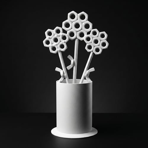 White Iron Flower Vase Sculpture for Living Room, Dining Room and Bathroom, Modern Floral Art Piece for Home and Office Tabletop Display