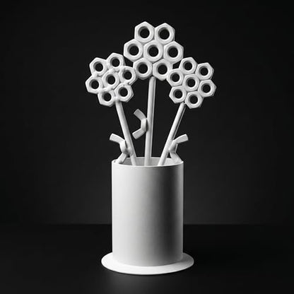 White Iron Flower Vase Sculpture for Living Room, Dining Room and Bathroom, Modern Floral Art Piece for Home and Office Tabletop Display
