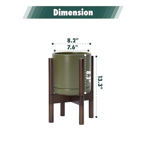 D'vine Dev Ceramic Pot with Walnut Wood Stand, Olive, 8 in, 55-B-Y-J - color: Olive Pot + Walnut Color Stand, size: 8 Inch