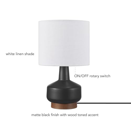 Globe Electric 15" Ceramic Table Lamp, Matte Black Base, Wood-Toned Accent, White Linen Shade, Dual Rotary Switch, Modern Bedroom or Office Lighting, 61000046 - color: Black