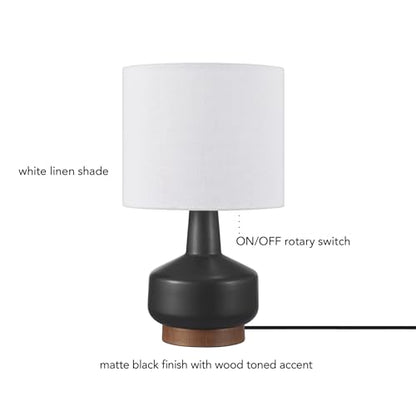 Globe Electric 15" Ceramic Table Lamp, Matte Black Base, Wood-Toned Accent, White Linen Shade, Dual Rotary Switch, Modern Bedroom or Office Lighting, 61000046 - color: Black