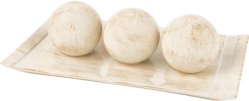 Creative Scents Rustic Luxe Decorative Tray and Orb Set - Centerpiece Table Decorations for Coffee Table Decor - Modern Farmhouse Decor - Decorative Accents Bowl with Balls for Dining Table Decor - color: Distressed White