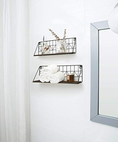 Mkono Floating Shelves Wall Mounted Set of 2 Rustic Wood Storage Display Shelf with Metal Wire Basket, Hanging Shelf for College Drom Bedroom Bathroom Living Room Kitchen Office, Brown,Medium - size: Medium