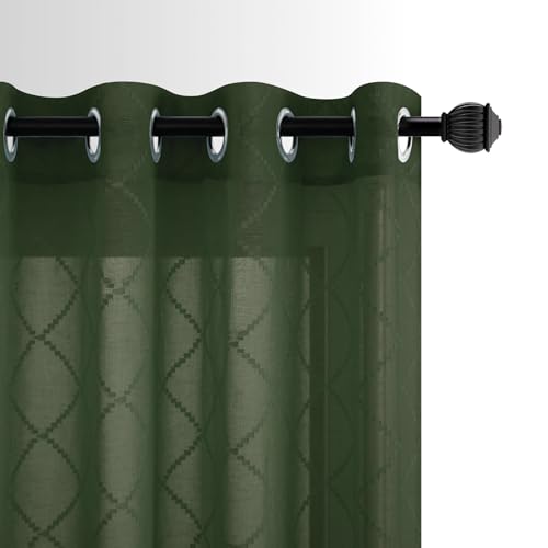 KOUFALL Olive Green Curtains with Diamond Plaid, Sheer Dark Moody Curtains for Bedroom Living Room, Wide 52 x 63 Inch Length, 2 Panels Set - color: Olive Green, size: 52"W x 63"L (Pack of 2)