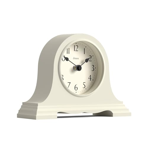 JONES CLOCKS® Speakeasy Small Mantel Clock | Classic Napoleon’s hat Design | Pale Cream | Contemporary Classic Style for Desk, Table, Shelf or Bedside - color: Linen White