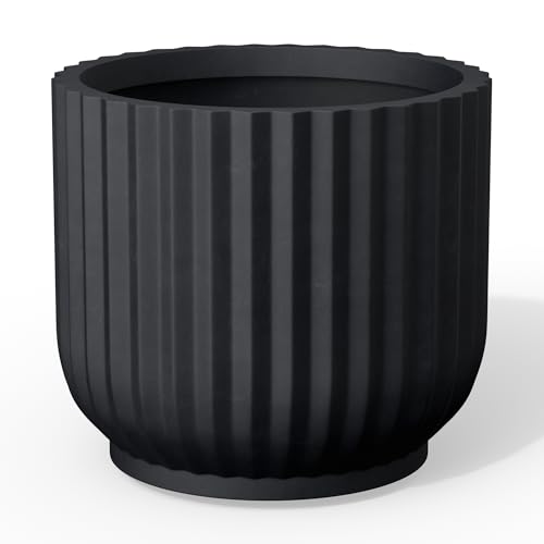 Kante 16.7" Round Concrete Pedestal Planter, Black Ribbed Flower Pot - color: Black, size: 16.7"Dia x 14.6"H