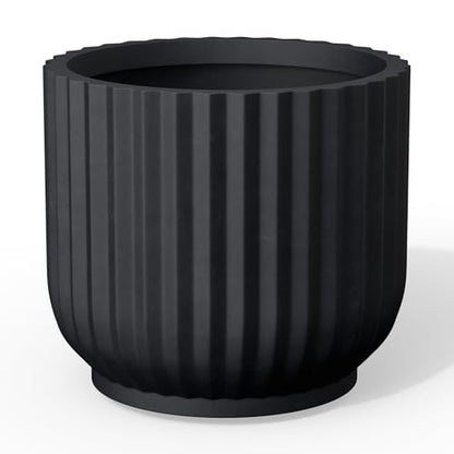 Kante 16.7" Round Concrete Pedestal Planter, Black Ribbed Flower Pot - color: Black, size: 16.7"Dia x 14.6"H